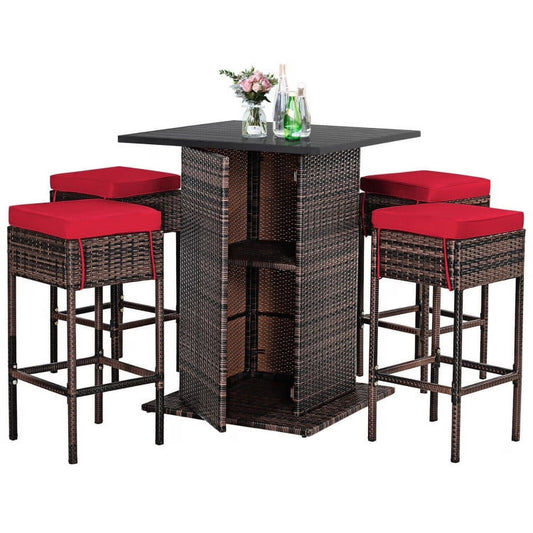 Aimee Lii 5 Pieces Patio Rattan Bar Table Stool Set Hidden Storage Shelf Cushioned, Outdoor Patio Furniture, Red