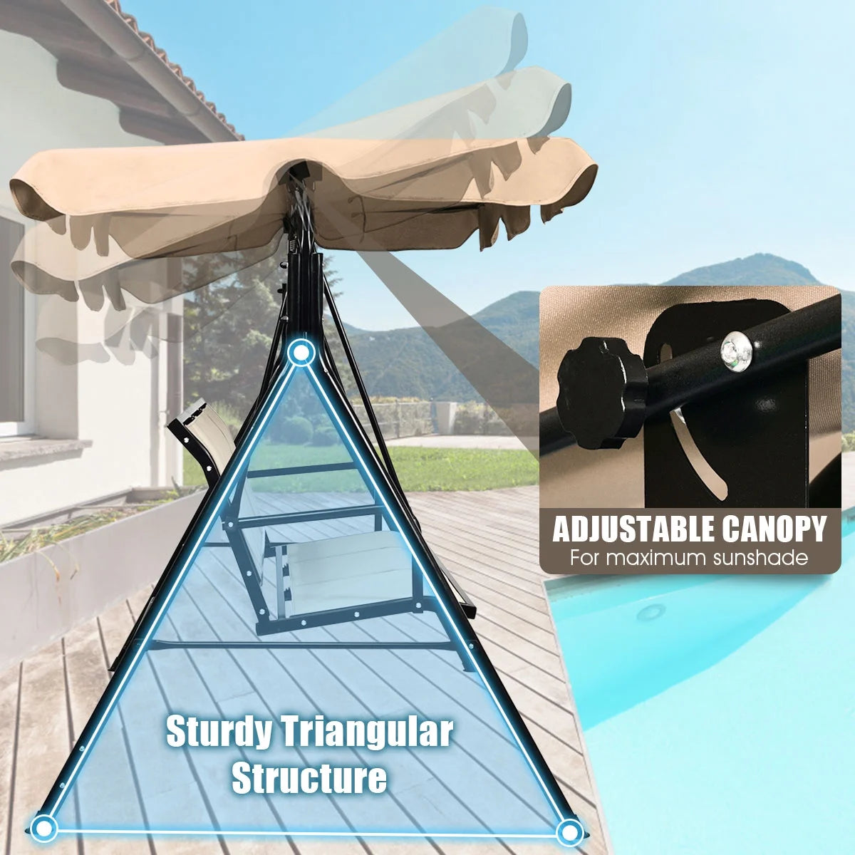 Gymax Brown Outdoor Swing Canopy Patio Swing Chair 3 Person Canopy Hammock