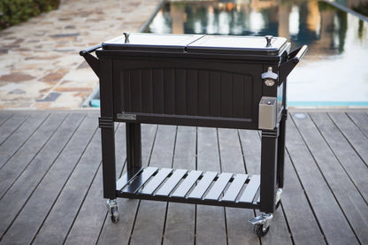 Permasteel 80-Qt Antique Outdoor Steel Patio Cooler on Wheels, Rolling Cooler Cart, Wooden Teak Style, Black