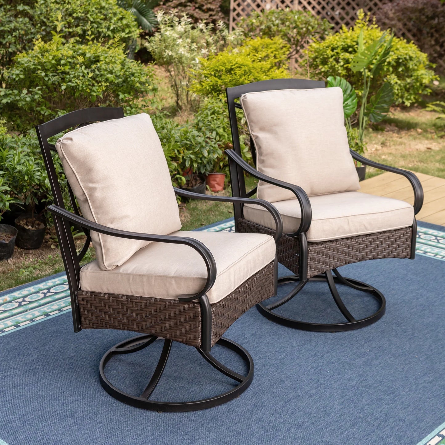 Summit Living Outdoor Patio Swivel Dining Chairs Set of 2 with Cushions, Wicker Outdoor Lounge Chair, Black & Beige