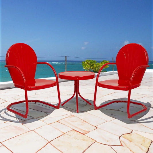 Efurden Patio Bistro Set Retro Metal Outdoor Seating Set Conversation Set 3 Pieces, 2 C-Spring Motion Armchairs and Round Side Table for Porch Lawn Garden, Red