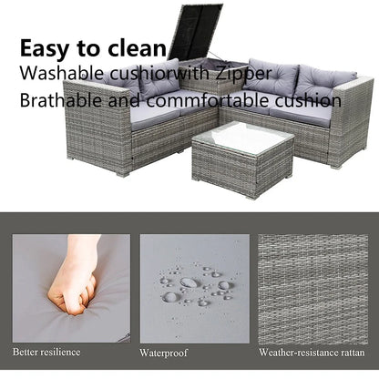 Patio Chat Set with Storage Box, 4 Piece Patio Wicker Furniture Set with Coffee Table, 2 Sofas, PE Rattan Outdoor Conversation Sectional Sofa Set with Gray Cushions for Backyard, Porch, Garden, L3579