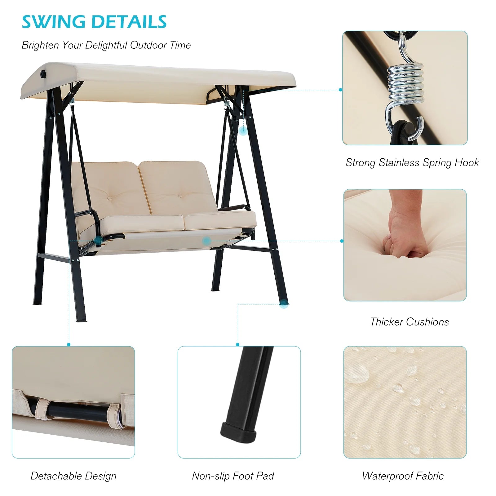AECOJOY 2 Persons Outdoor Patio Canopy Steel Porch Swing Chair-Beige