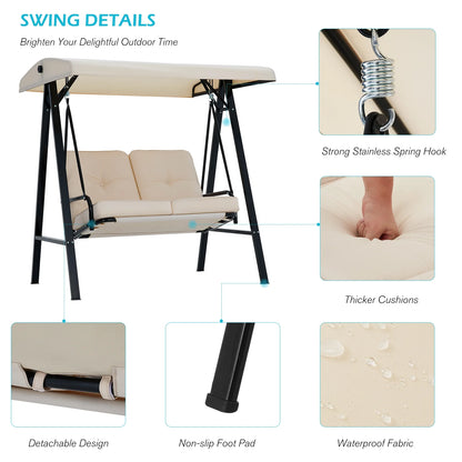 AECOJOY 2 Persons Outdoor Patio Canopy Steel Porch Swing Chair-Beige