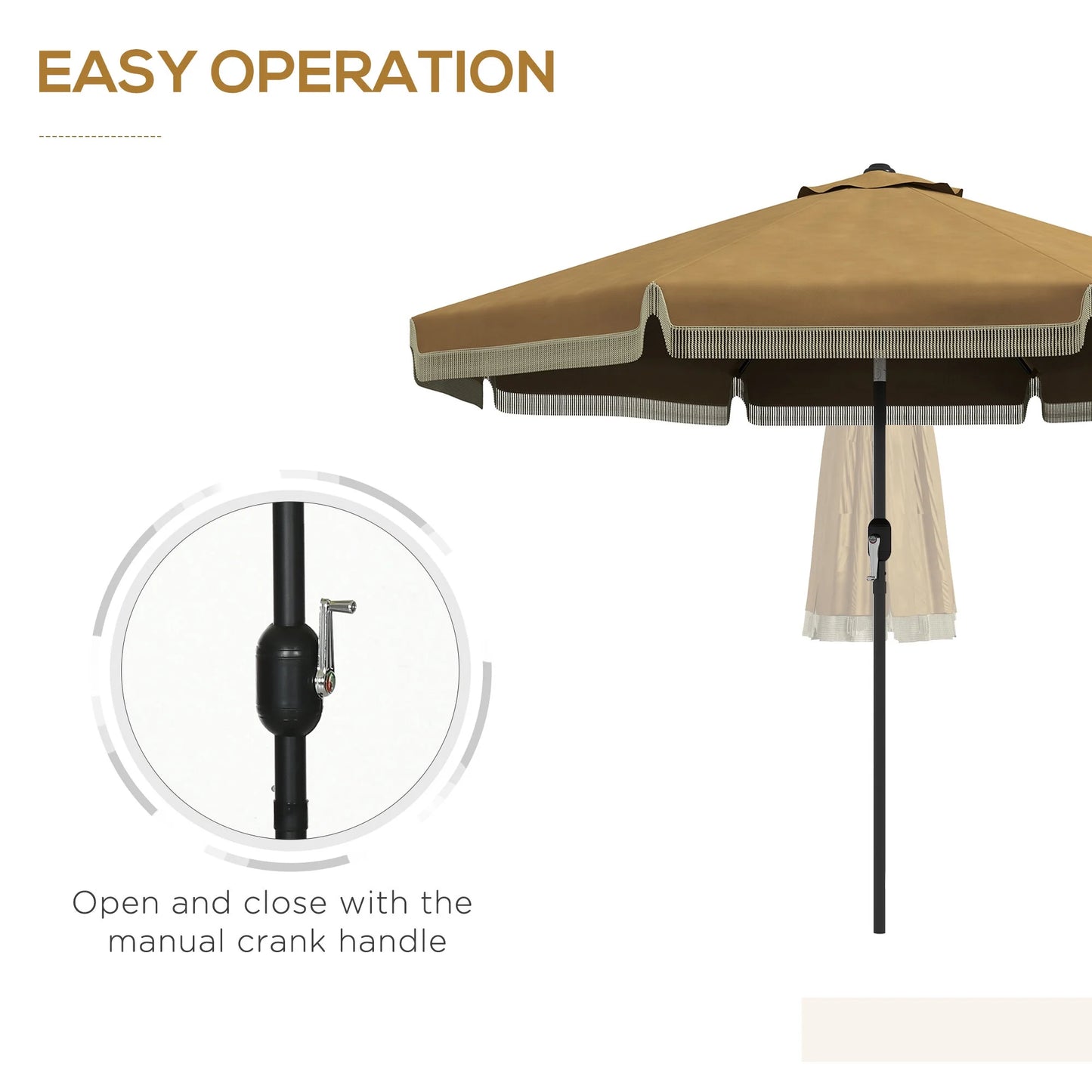 DUOSONG Outsunny 9Ft Patio Umbrella With Push Button Tilt And Crank, Ruffled Outdoor Market Table Umbrella With Tassles And 8 Ribs, For Garden, Deck, Pool, Tan Tan Polyester Garden & Outdoor Canopies
