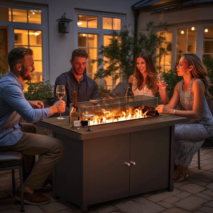 LAUSAINT HOME 43" Outdoor Fire Pit Table , 55,000 BTU Patio Propane Fire Pit with Wood Grain Tabletop & Wind Guard, Black