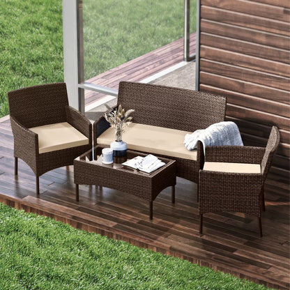 Hearth & Harbor Outdoor Furniture Set, 4 Piece Wicker Patio Chairs Set, Brown with Navy Cushions