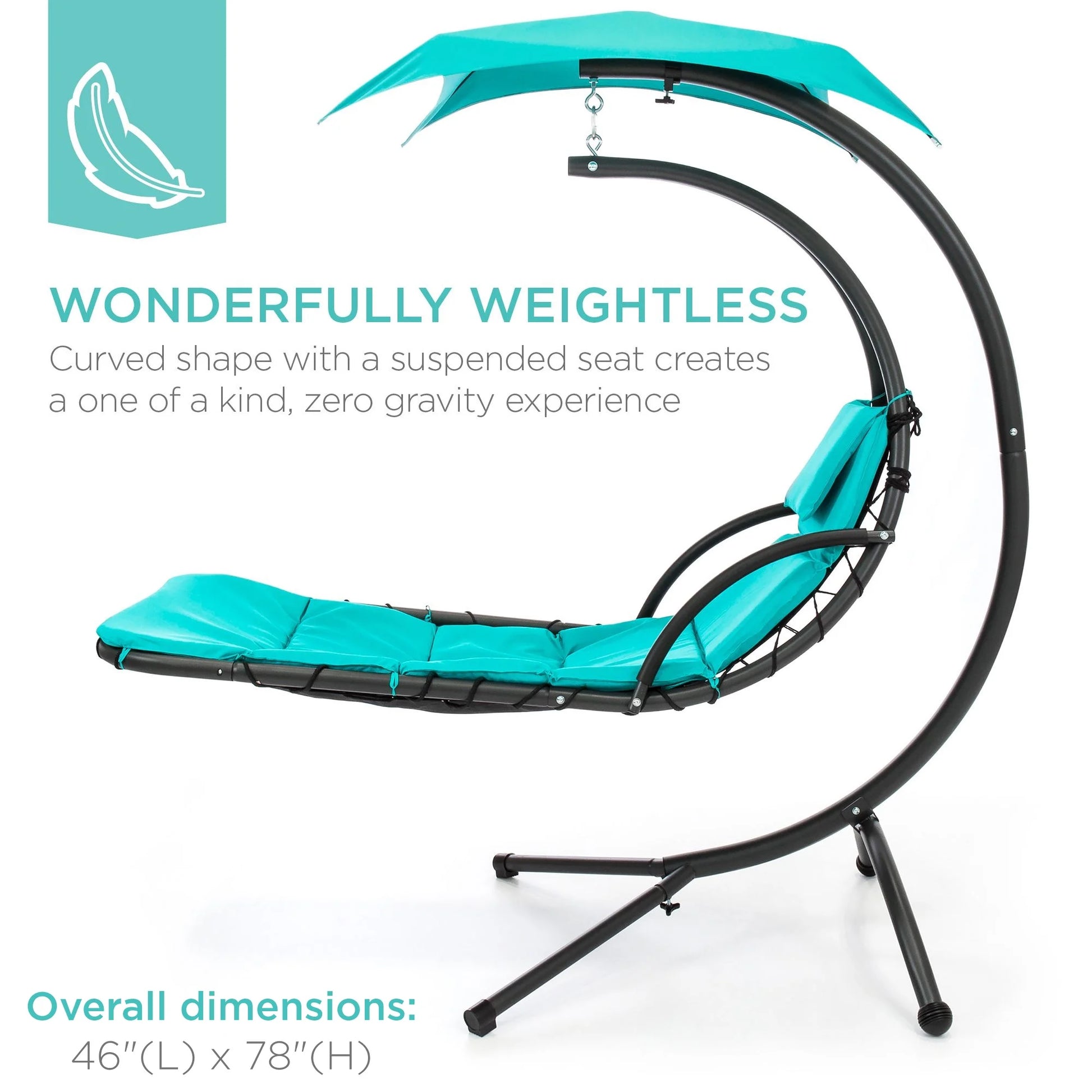 Best Choice Products Hanging Curved Chaise Lounge Chair Swing for Backyard, Patio w/Pillow, Shade, Stand - Teal