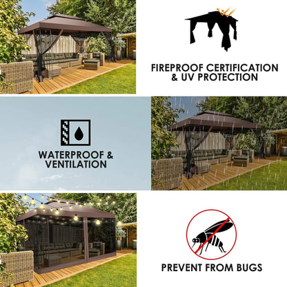 SANOPY Outdoor Gazebo Canopy with 4 Detachable Mosquito Nets, UV and Rainproof Gazebo Patio Easy to Assemble with Double Eaves, Top Drainage Hole Design, Suit for Terrace, Lawn, Garden