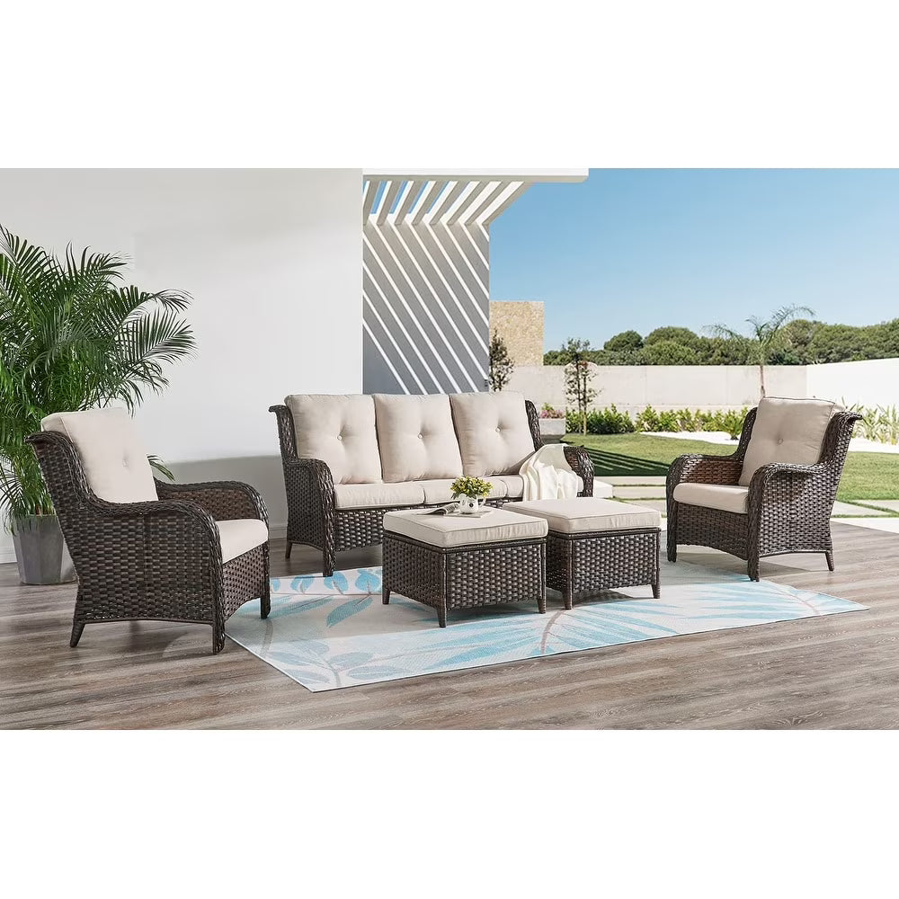 Pocassy 5-Piece Patio Furniture Set with Ottomans Brown/Beige
