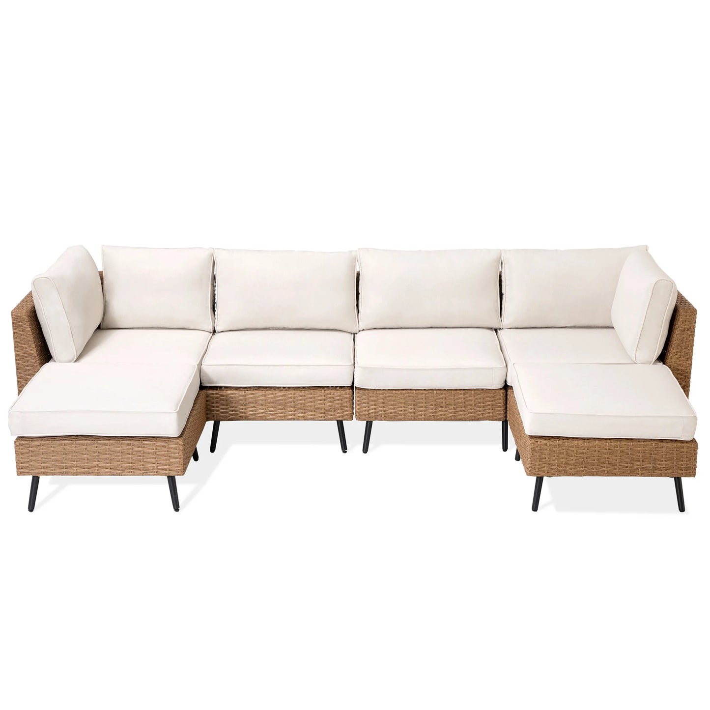 LAUSAINT HOME 6 Pieces Outdoor Furniture Set, Patio Rattan Wicker Sectionals with 4 Chairs and 2 Ottomans, Beige Cushions