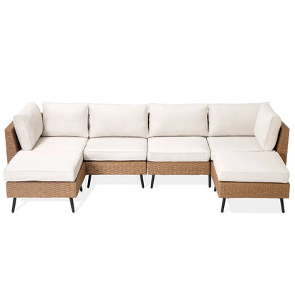 LAUSAINT HOME 6 Pieces Outdoor Furniture Set, Patio Rattan Wicker Sectionals with 4 Chairs and 2 Ottomans, Beige Cushions