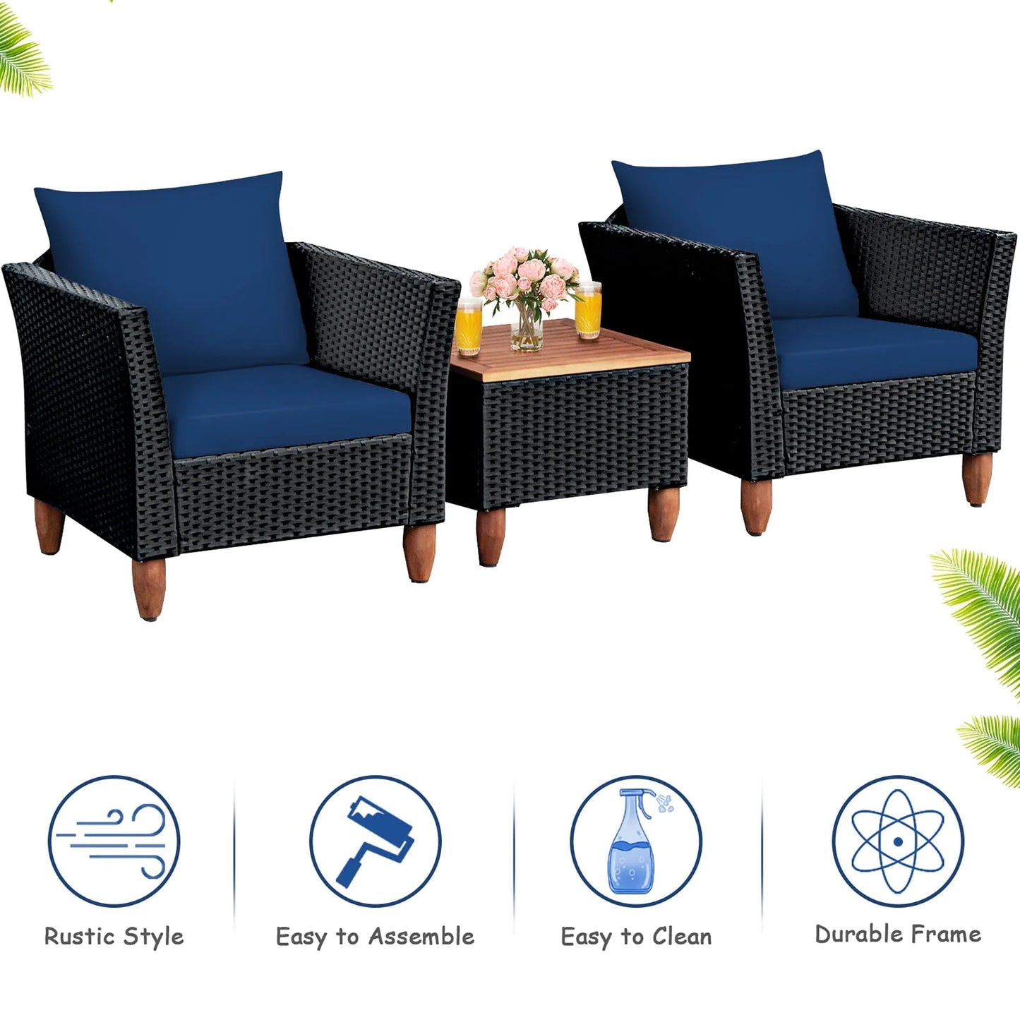 Costway 3PCS Outdoor Patio Rattan Furniture Set Wooden Table Top Cushioned Sofa Navy