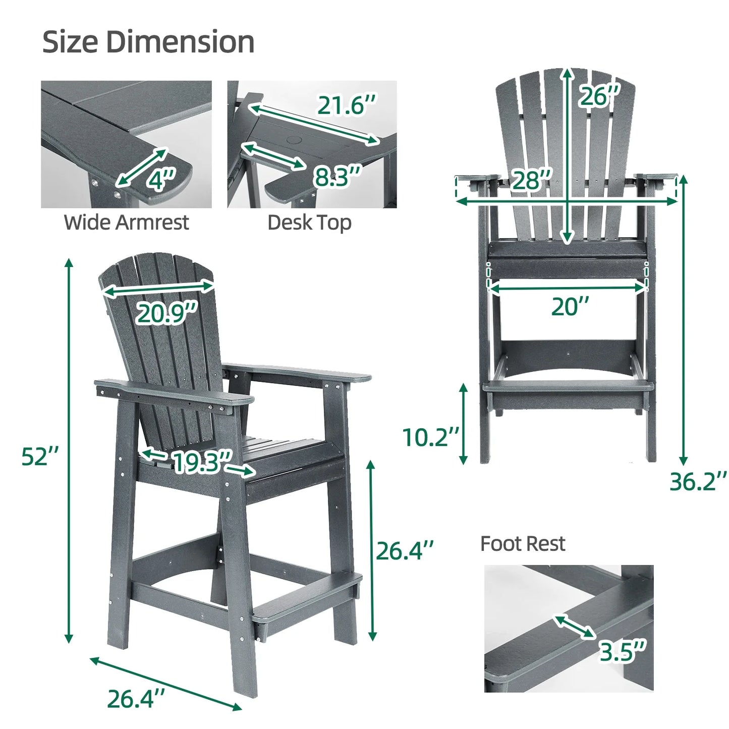 Aoodor Tall Adirondack Chairs Set of 2, HDPE Outdoor Bar Stools with Connecting Tray, Patio Furniture for Backyard, Garden, or Balcony (Gray)