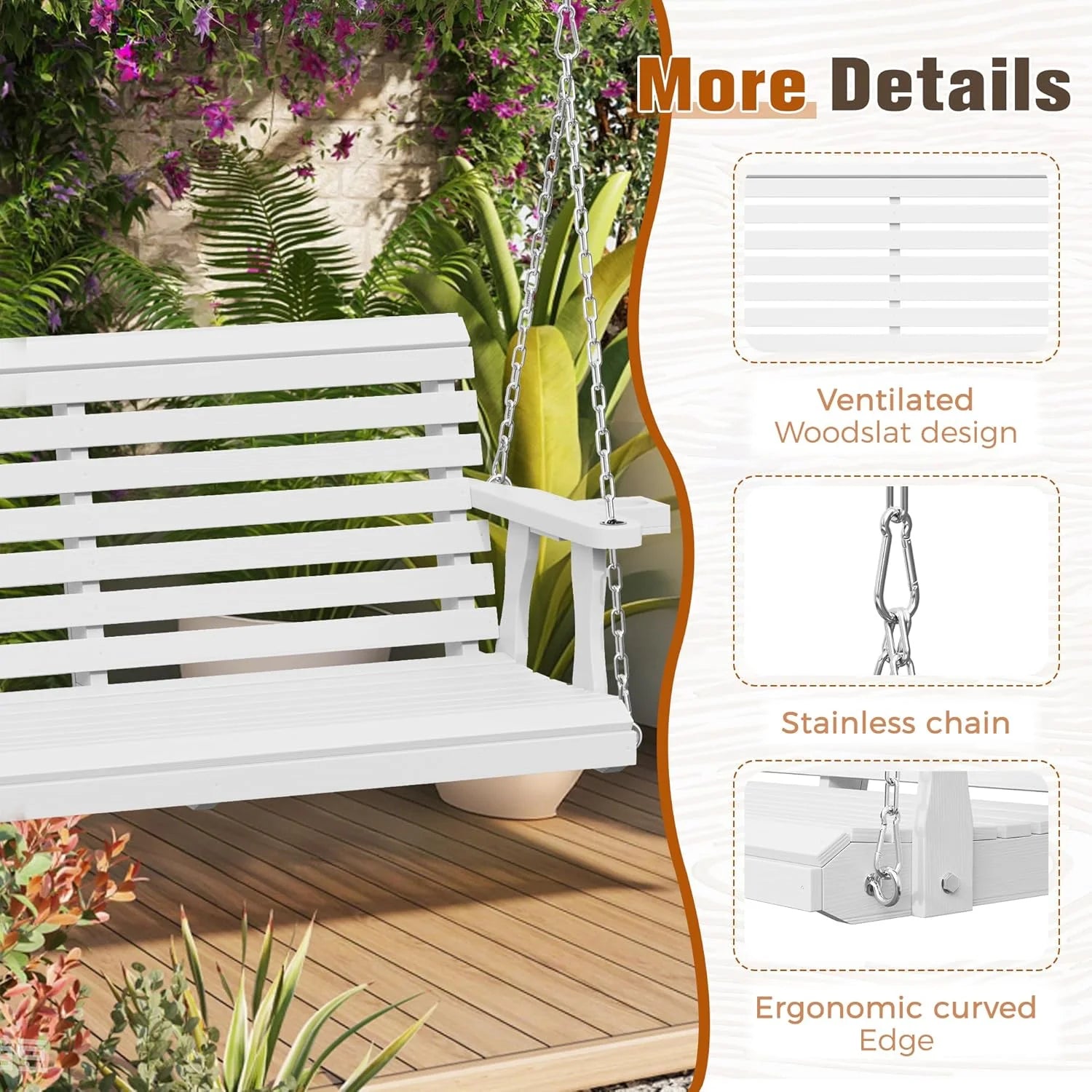 SUNCROWN Porch Swing 2-Seater, Wooden Outdoor Swing Bench with Cup Holder and Chains, 440 LBS Weight Capacity Outdoor Hanging Bench Swing for Patio & Garden (Brown)