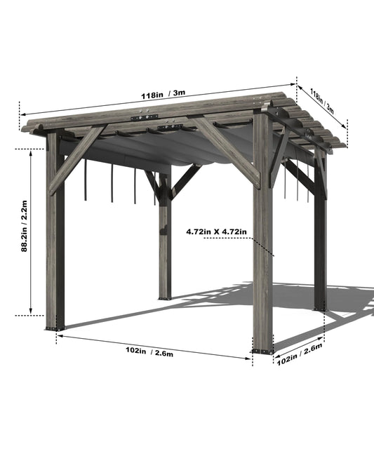TROPOW 10'X 10' Cedar Wood Pergola with Solid Structure, Retractable Shade Canopy, Durable, Rot Resistant, Patio Pergola for Backyard, Deck, Garden, Outdoor Entertaining