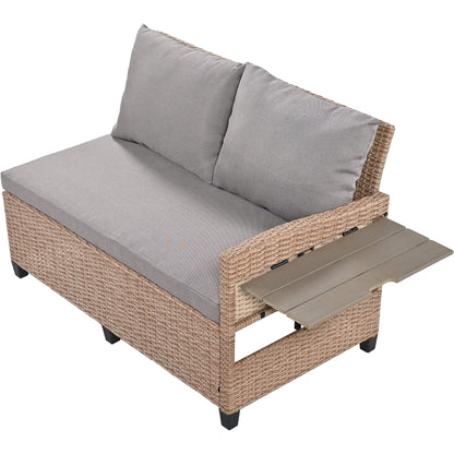 Harper & Bright Designs Outdoor Rattan Sectional Sofa Set with Dining Table, Patio L-Shaped Wicker Conversation Set with 2 Extendable Side Tables, Brown