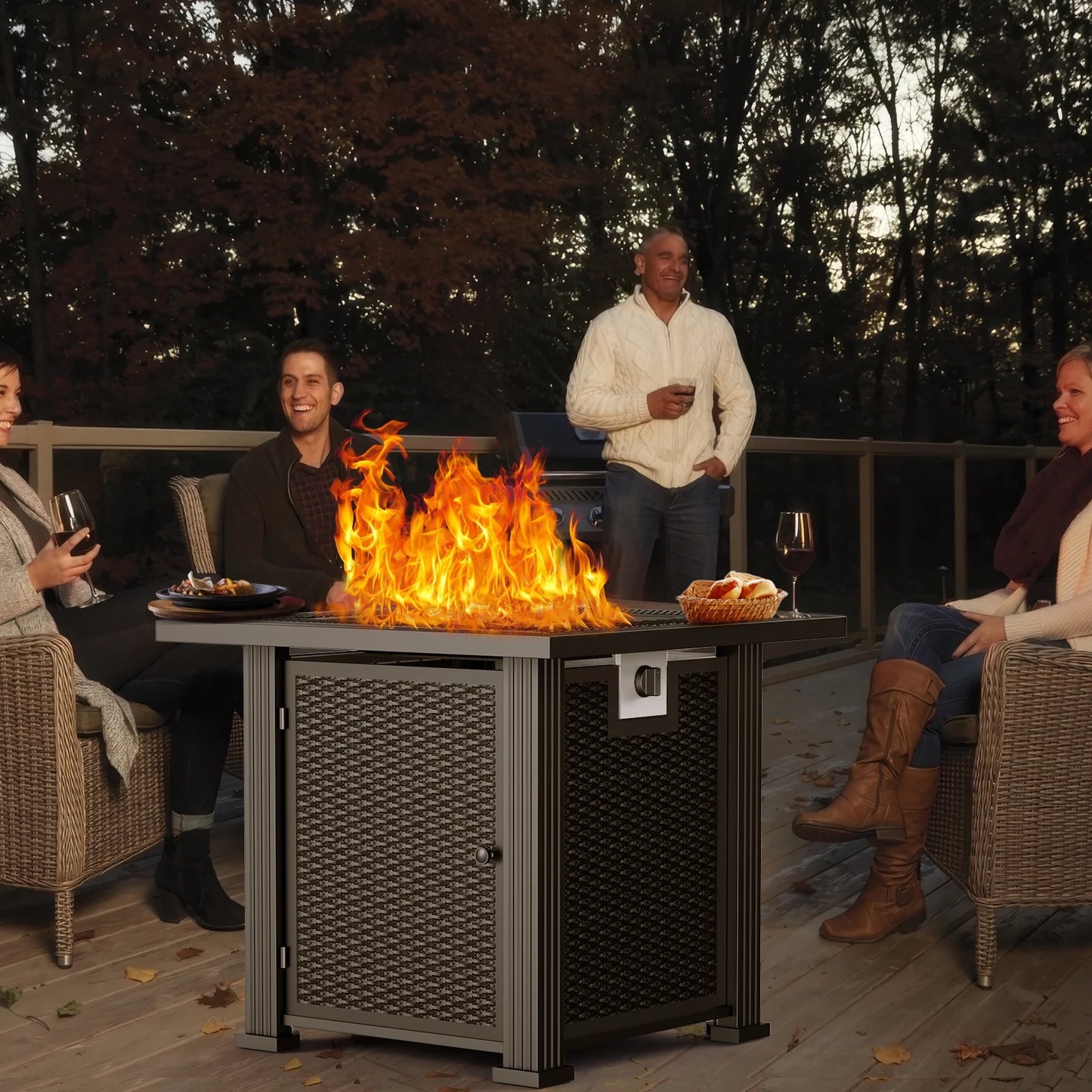 28 Inch Propane Fire Pit Table, Rattan & Wicker-Look 50,000 BTU Gas Firepits with Fire Glass for Outside Patio and Garden