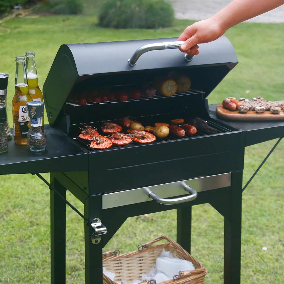MASTER COOK Charcoal Grill with Two Side Tables, Heavy-duty Steel Barbecue BBQ Grill for Outdoor Picnic Backyard Patio and Parties, Black