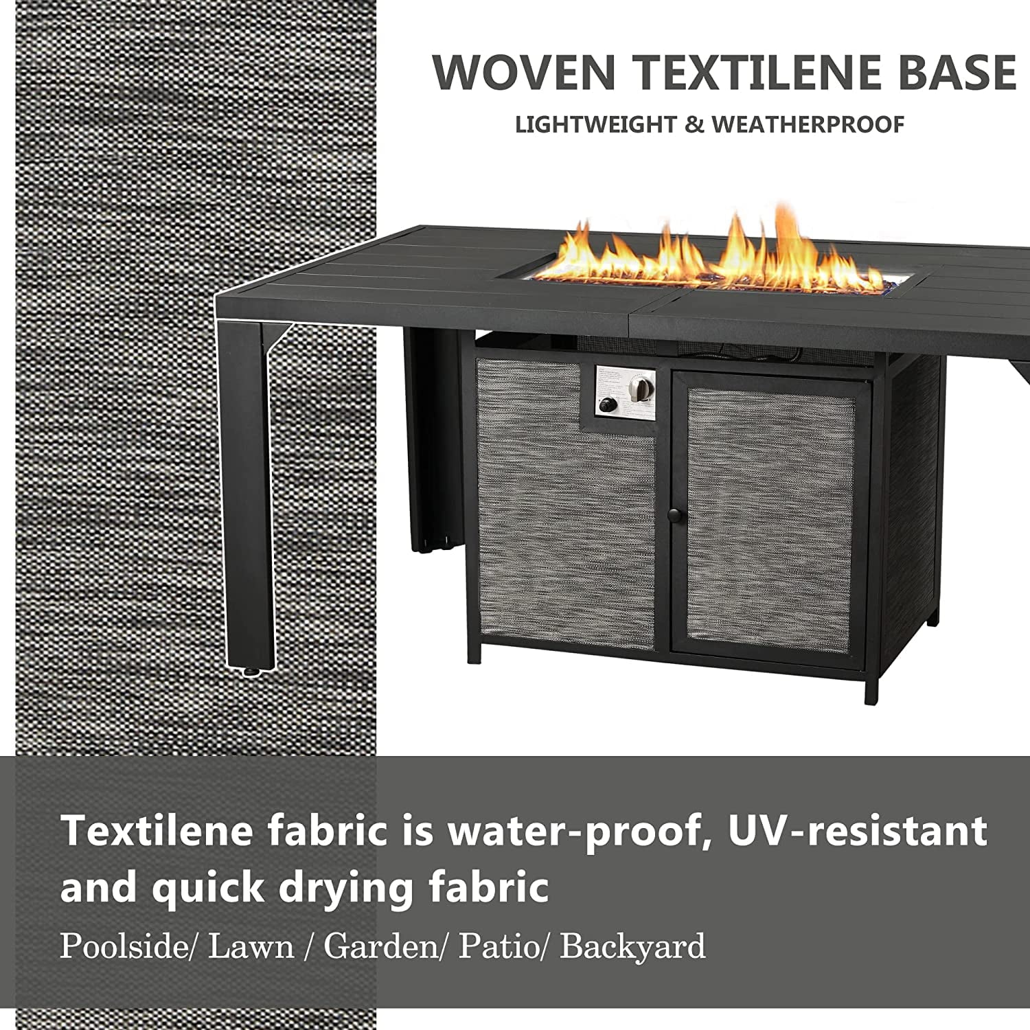 PIZZELLO Outdoor Rectangular Patio Fire Dining Table 62.5" for 6 with Fire Glass Bead, Black