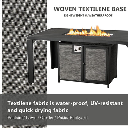 PIZZELLO Outdoor Rectangular Patio Fire Dining Table 62.5" for 6 with Fire Glass Bead, Black