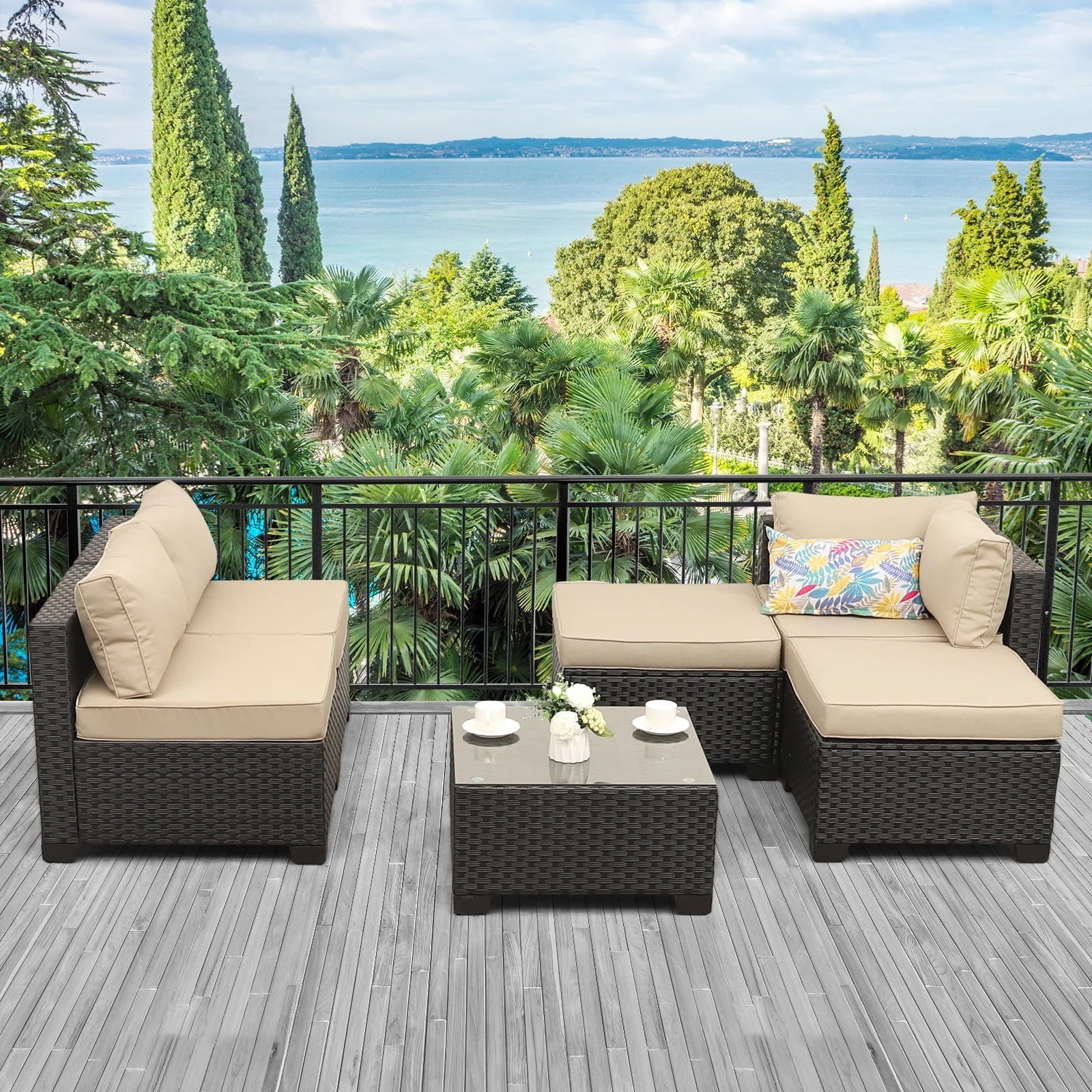 Waroom Outdoor Wicker Sofa Set 6-Piece Patio Sectional Furniture Set, Khaki