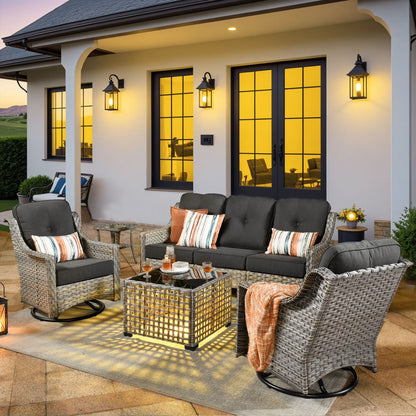 Vcatnet Outdoor Patio Furniture with Swivel Rockers 5 Pieces Sectional Sofa All Weather Wicker High-Back Conversation Set with Coffee Table, Dark Gray