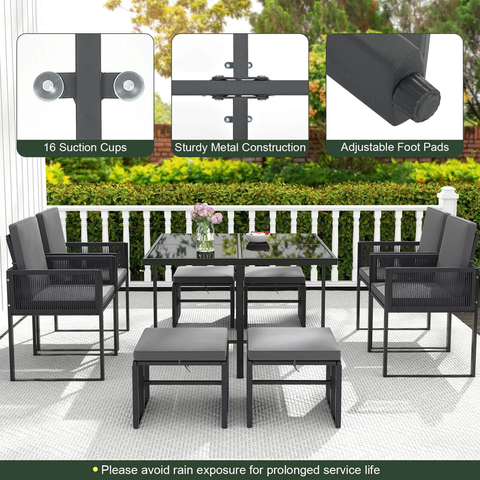 Costway 9 PCS Patio Dining Set with PE Rattan Chairs Tempered Glass Table and Ottomans