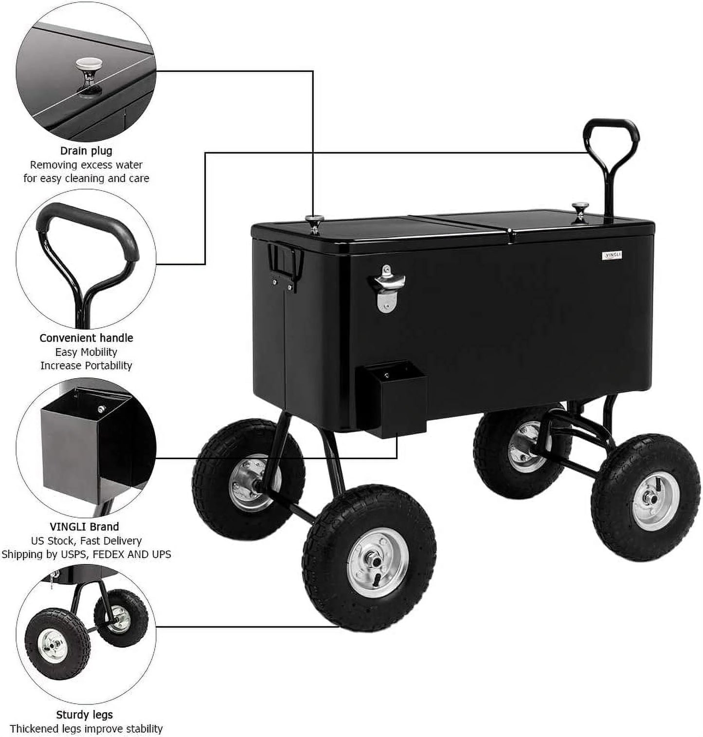 VINGLI 80qt. Wagon Rolling Cooler Ice Chest w/Long Handle and 10" Wheels, Patio Cooler, Outdoor Park Cart on Wheels