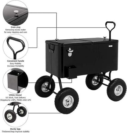 VINGLI 80qt. Wagon Rolling Cooler Ice Chest w/Long Handle and 10" Wheels, Patio Cooler, Outdoor Park Cart on Wheels