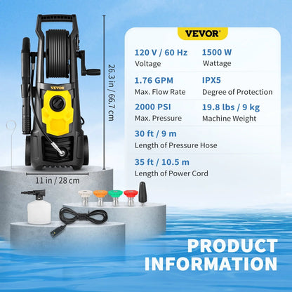 BENTISM Electric Pressure Washer High Pressure Washer 2000 PSI 1.65/1.76 GPM Patio[1.76 GPM with Hose Reel]