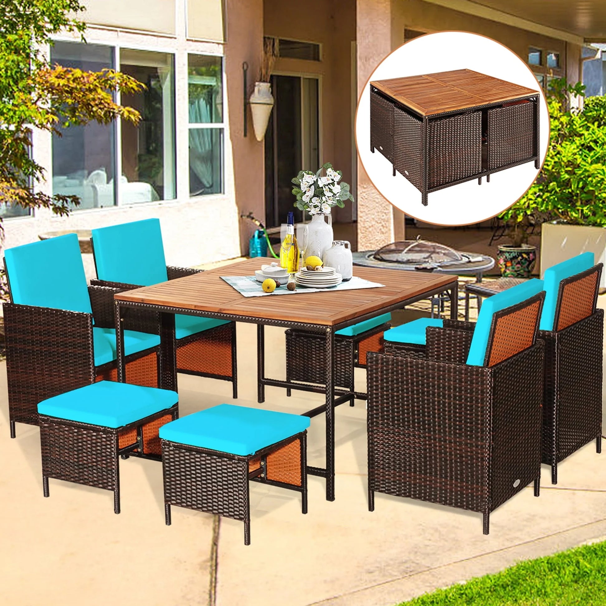 Gymax 9PCS Rattan Wicker Patio Dining Set Outdoor Furniture Set w/Turquoise Cushion