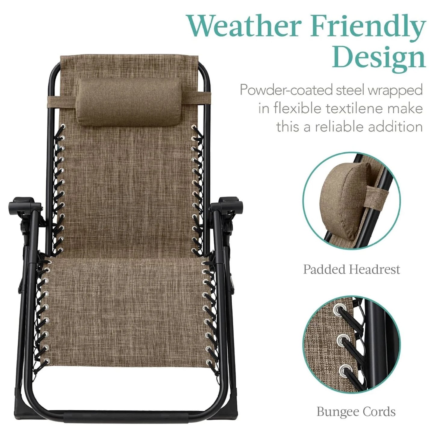 Oversized Chair, Folding Outdoor Patio Recliner, XL Anti Gravity Lounger w/Removable Cushion, Cup Holder, Side Tray, 350lb Capacity - Taupe