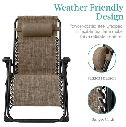 Oversized Chair, Folding Outdoor Patio Recliner, XL Anti Gravity Lounger w/Removable Cushion, Cup Holder, Side Tray, 350lb Capacity - Taupe