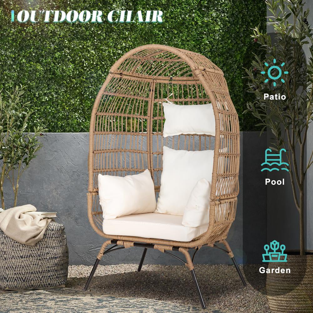 Eclife Outdoor Egg Chair Patio Wicker Lounge Chair with White Cushion Pillow for Home Pool Porch Garden Balcony