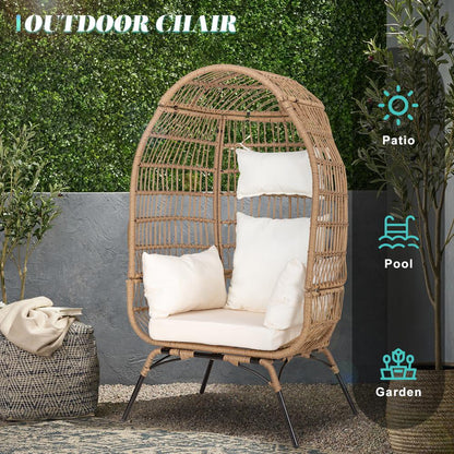 Eclife Outdoor Egg Chair Patio Wicker Lounge Chair with White Cushion Pillow for Home Pool Porch Garden Balcony