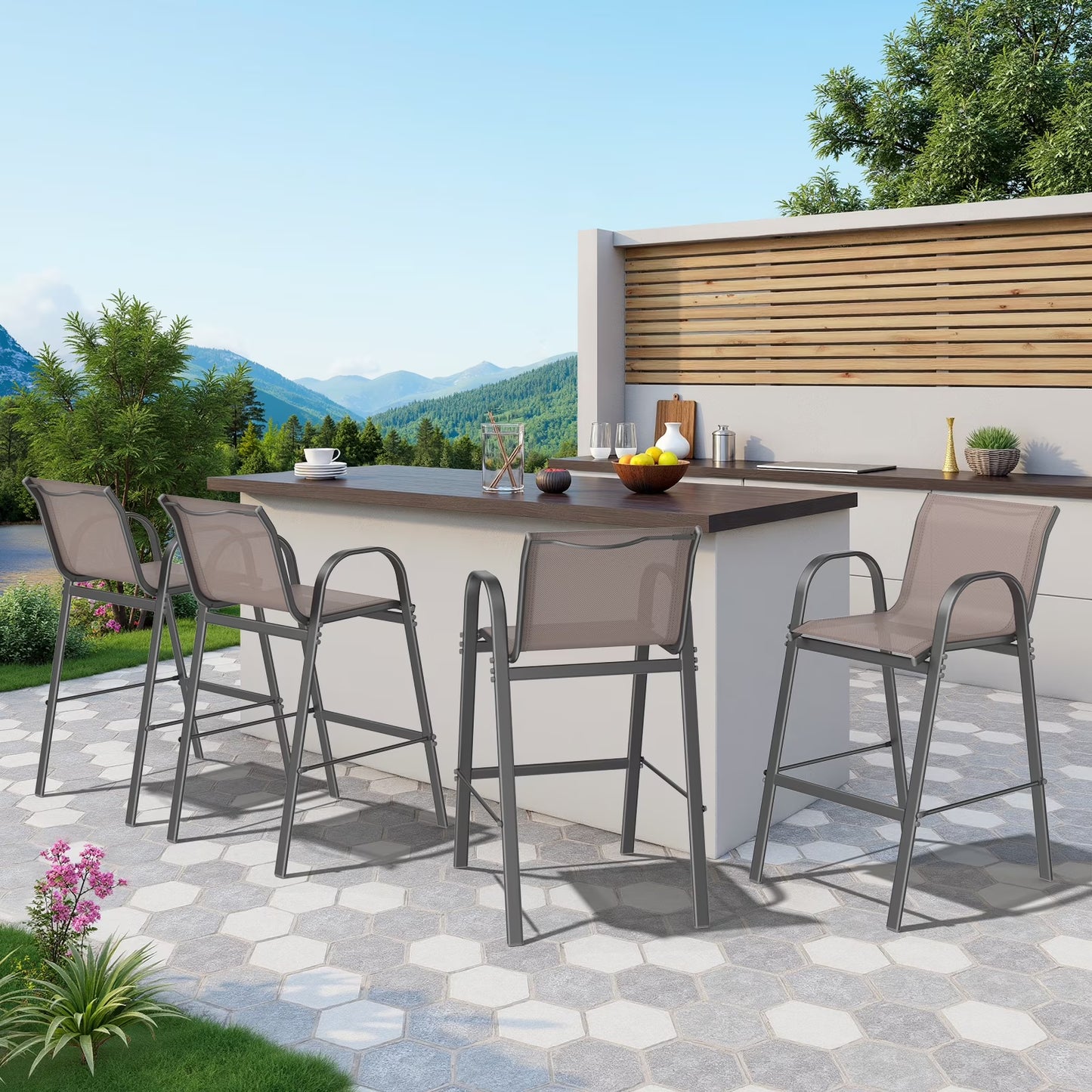 Dovov Outdoor Bar Stools Set of 4, Patio Bar Height Stool Outdoor Textilene Bar Chairs All Weather Patio Barstools for Garden Poolside Backyard Balcony Porch Lawn Deck, Gray