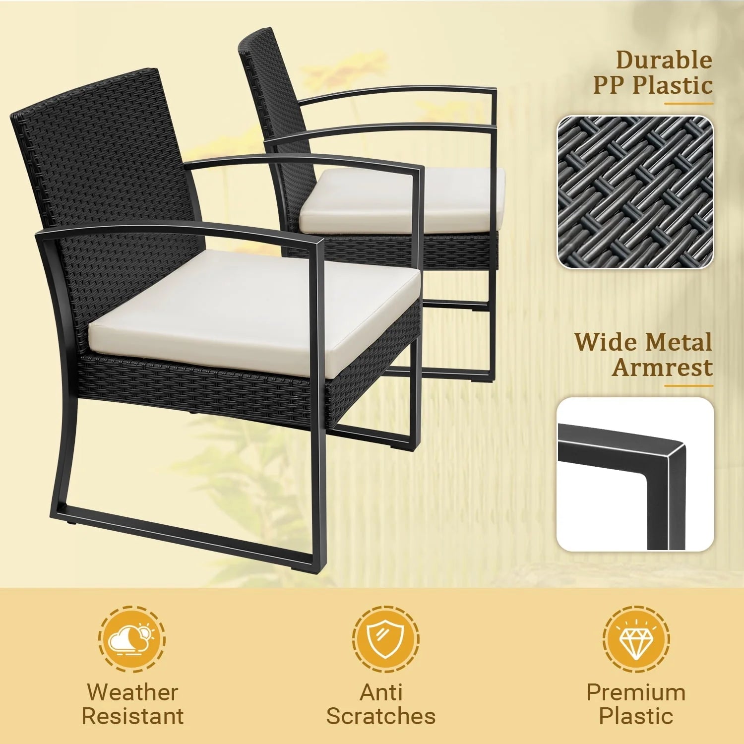 Devoko 3 Pieces Outdoor Plastic Bistro Set Patio Conversation Set with Cushion and Table, White