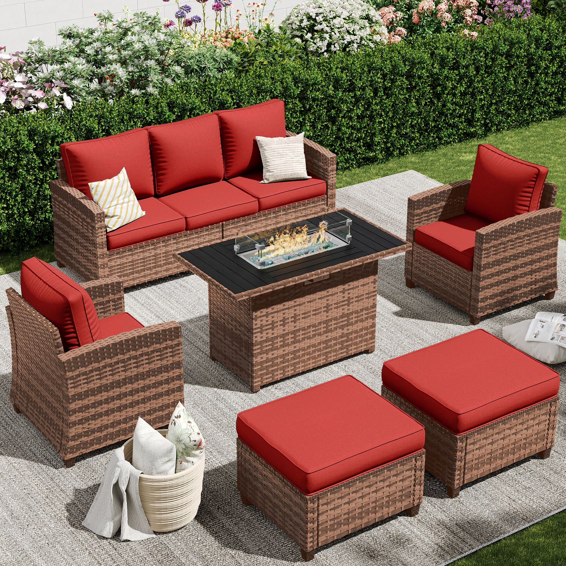 POTEBAN Patio Furniture Set, 7 Pieces Outdoor Sectional Sofa Couch with Chairs, Ottomans and Comfy Cushions, All Weather Wicker Rattan Patio Conversation Set for Garden Backyard Dark Grey