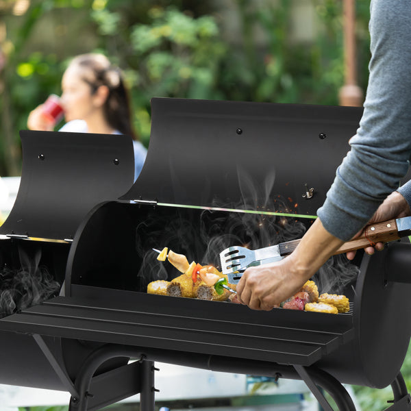 Barrel Charcoal Grill with Offset Smoker, Heavy-Duty Metal, Large Cooking Area, Mobile with Wheels for Backyard/Patio Gatherings