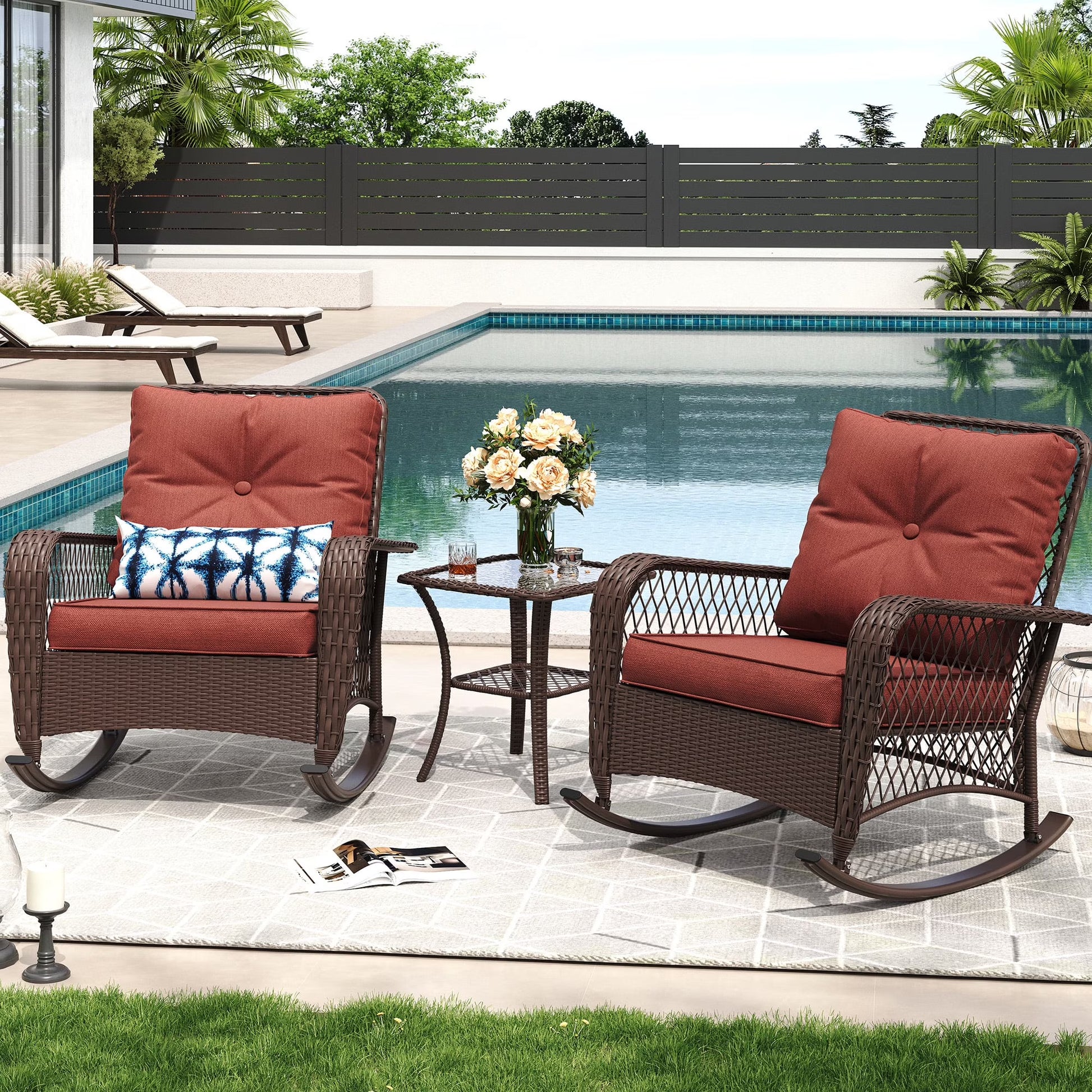 MRUAKA Outdoor Rocking Chairs Set of 3, Wicker Patio Furniture with Thickened Cushions and Table for Porch350lbs Weight Capacity(Gray)