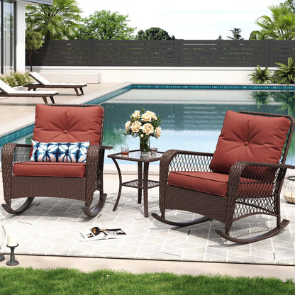 MRUAKA Outdoor Rocking Chairs Set of 3, Wicker Patio Furniture with Thickened Cushions and Table for Porch350lbs Weight Capacity(Gray)