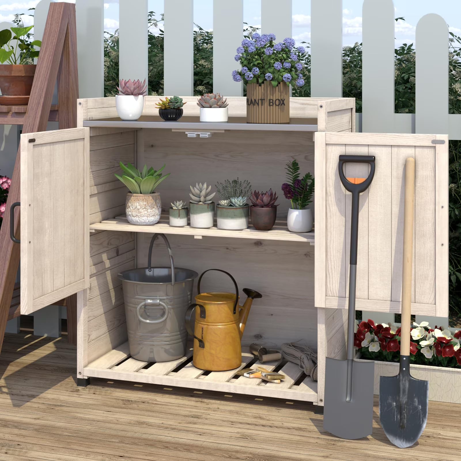 YODOLLA Potting Bench, Wooden Outdoor Storage Cabinet with Adjustable Shelf, Patio Storage with Metal Tabletop, Potting Table for Garden, Patio and Lawns, Gray