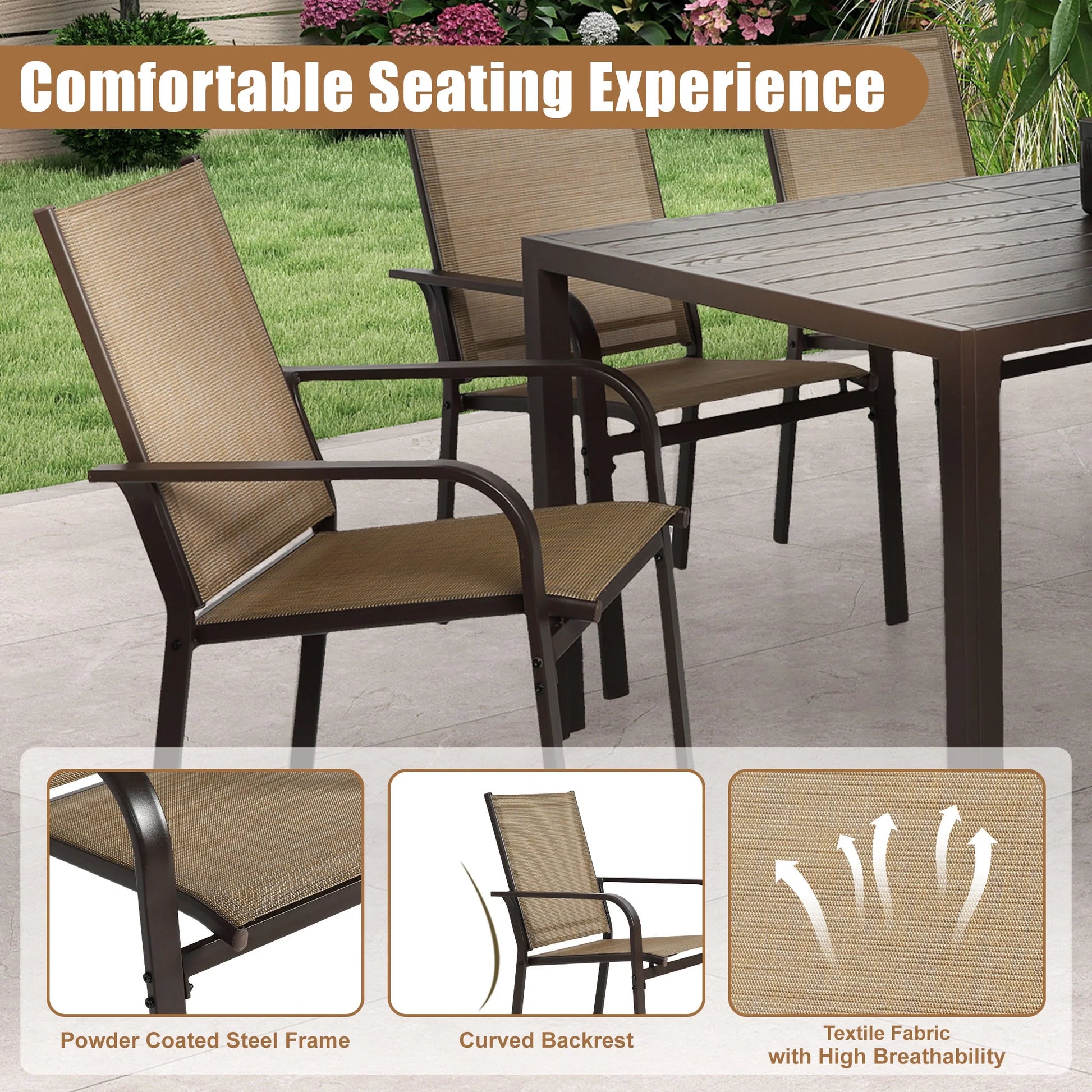 7 Piece Outdoor Dining Set, Patio Dining Table Set for 6 Persons, Garden Patio Textilene Dining Furniture Set with Plastic-Wood Tabletop, Dining Table Chairs Conversation Set for Deck Patio