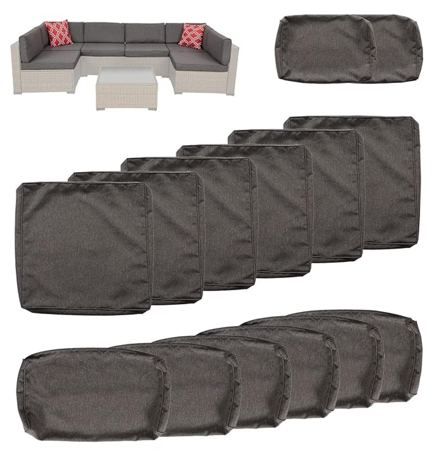 Patio Cushion Covers Replacement - 18 Piece Set for Sectional Sofa, Rattan Furniture, Dark Grey, Waterproof, Zippered, Washable Slipcovers