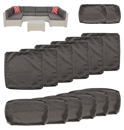 Patio Cushion Covers Replacement - 18 Piece Set for Sectional Sofa, Rattan Furniture, Dark Grey, Waterproof, Zippered, Washable Slipcovers
