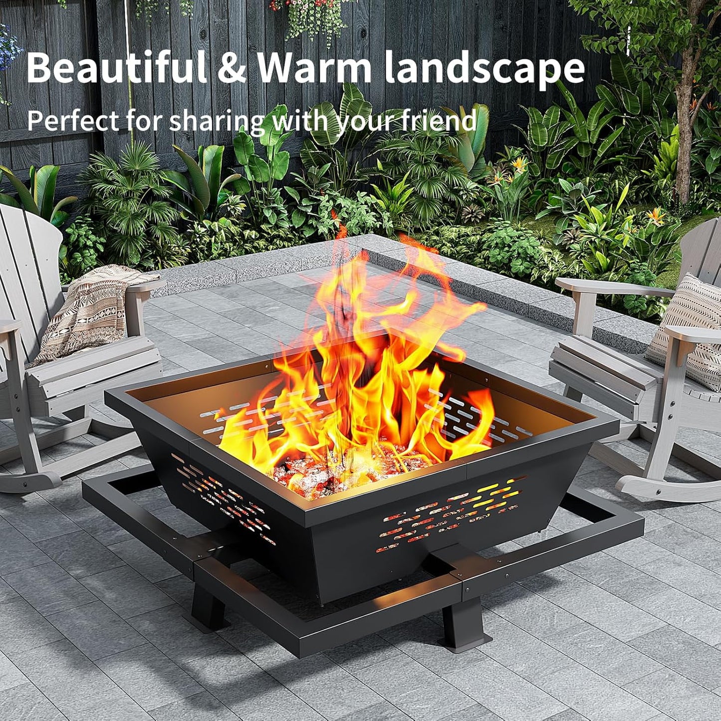 Auhilence large fire pit, 43" Square Outdoor Wood Burning Fire pit with Pocker, Hight Quality Outdoor Fire Pit for Camping, Backyard, Patio, Black