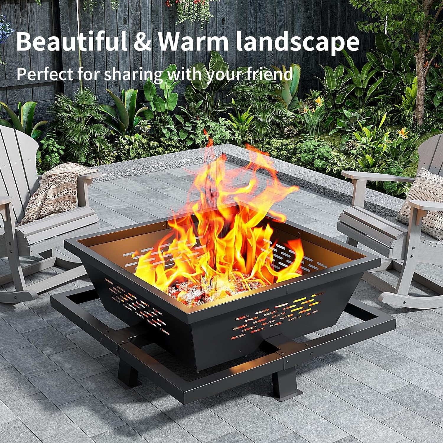 Auhilence large fire pit, 43" Square Outdoor Wood Burning Fire pit with Pocker, Hight Quality Outdoor Fire Pit for Camping, Backyard, Patio, Black