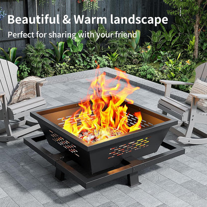 Auhilence large fire pit, 43" Square Outdoor Wood Burning Fire pit with Pocker, Hight Quality Outdoor Fire Pit for Camping, Backyard, Patio, Black