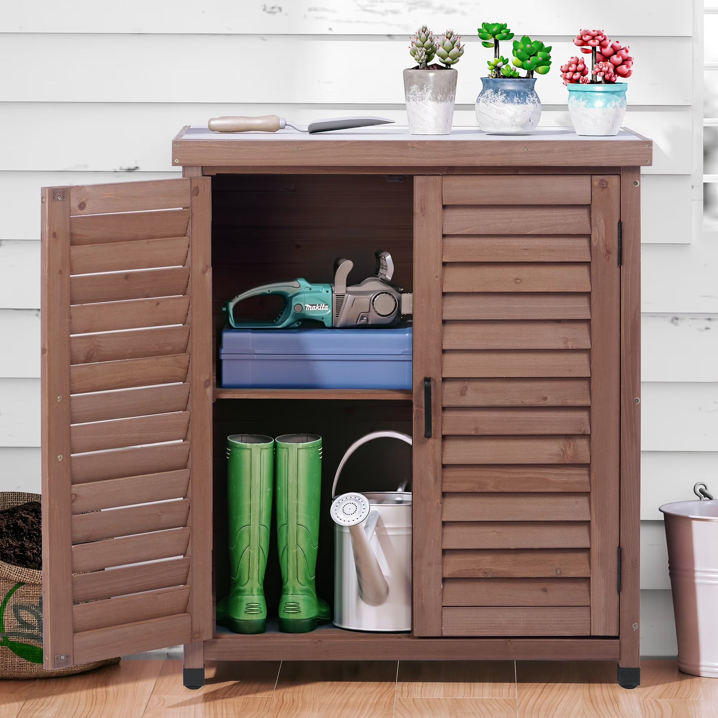 LDB_BUILDING 31.5in. W x 36in. H Outdoor Storage Cabinet & Potting Bench Table with Metal Top, Wooden Patio Furniture, Garden Workstation